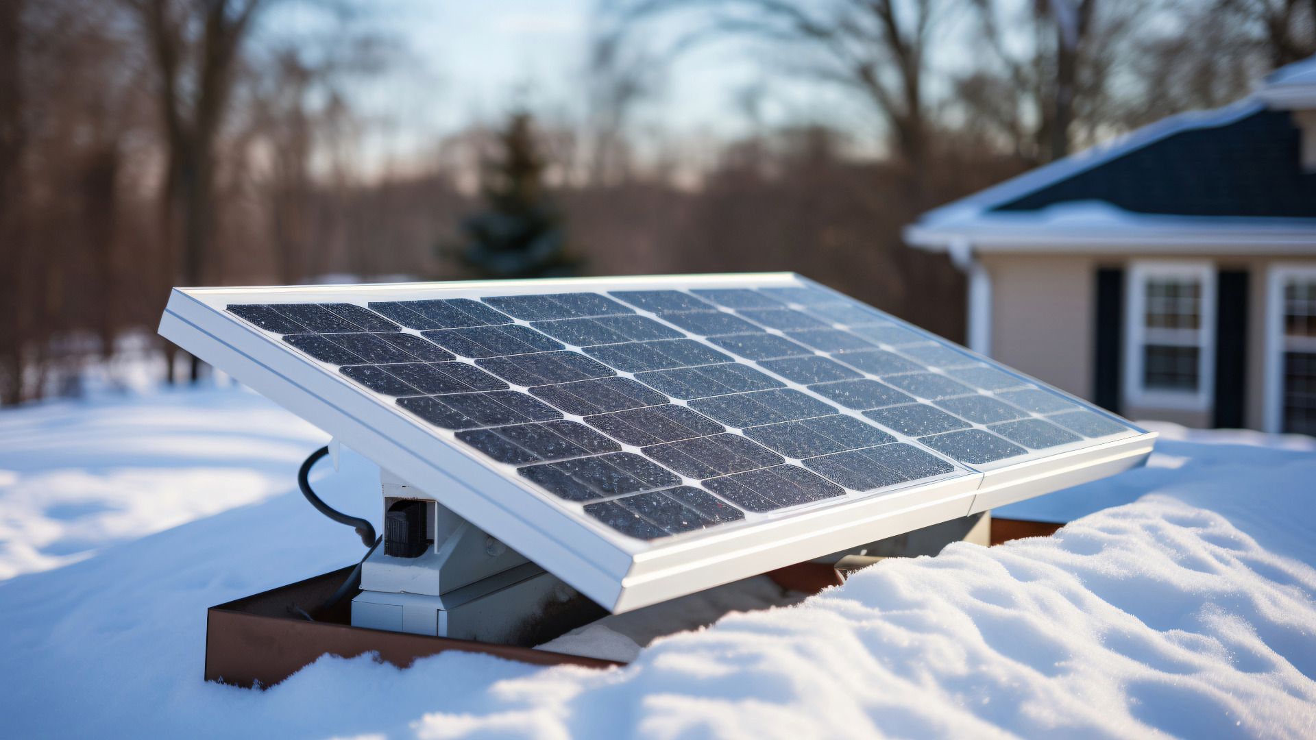 photovoltaik anlage im winter am hausdach bei sonnenschein und schnee